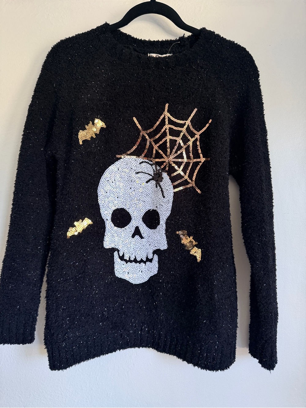 Black Sequin Skull & Spiderweb Crewneck Sweater